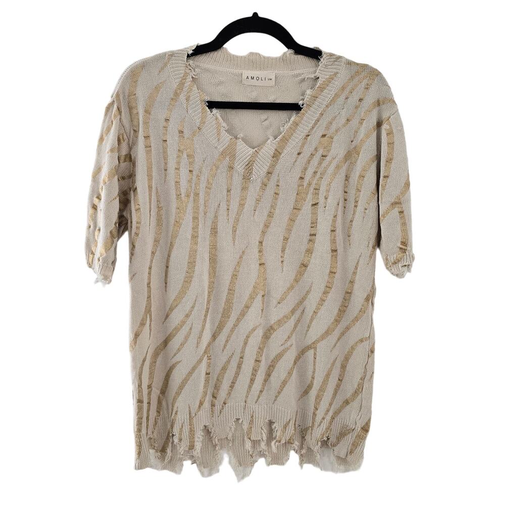 Amoli Sweater Small S/M Cream Gold Printed Knit V Neck Frayed Hem Shirt Top